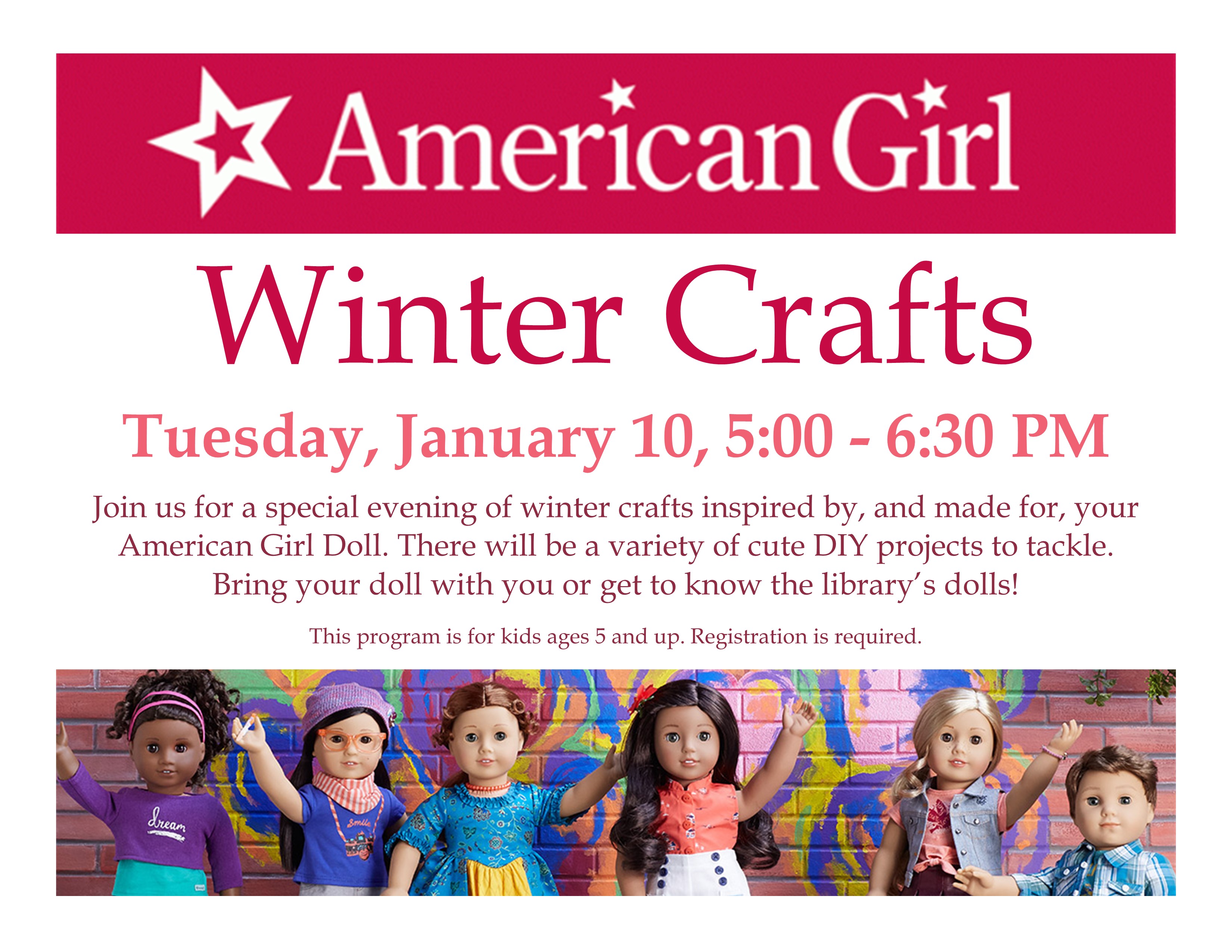 Red banner with white star and American Girl logo with American Girl dolls below.