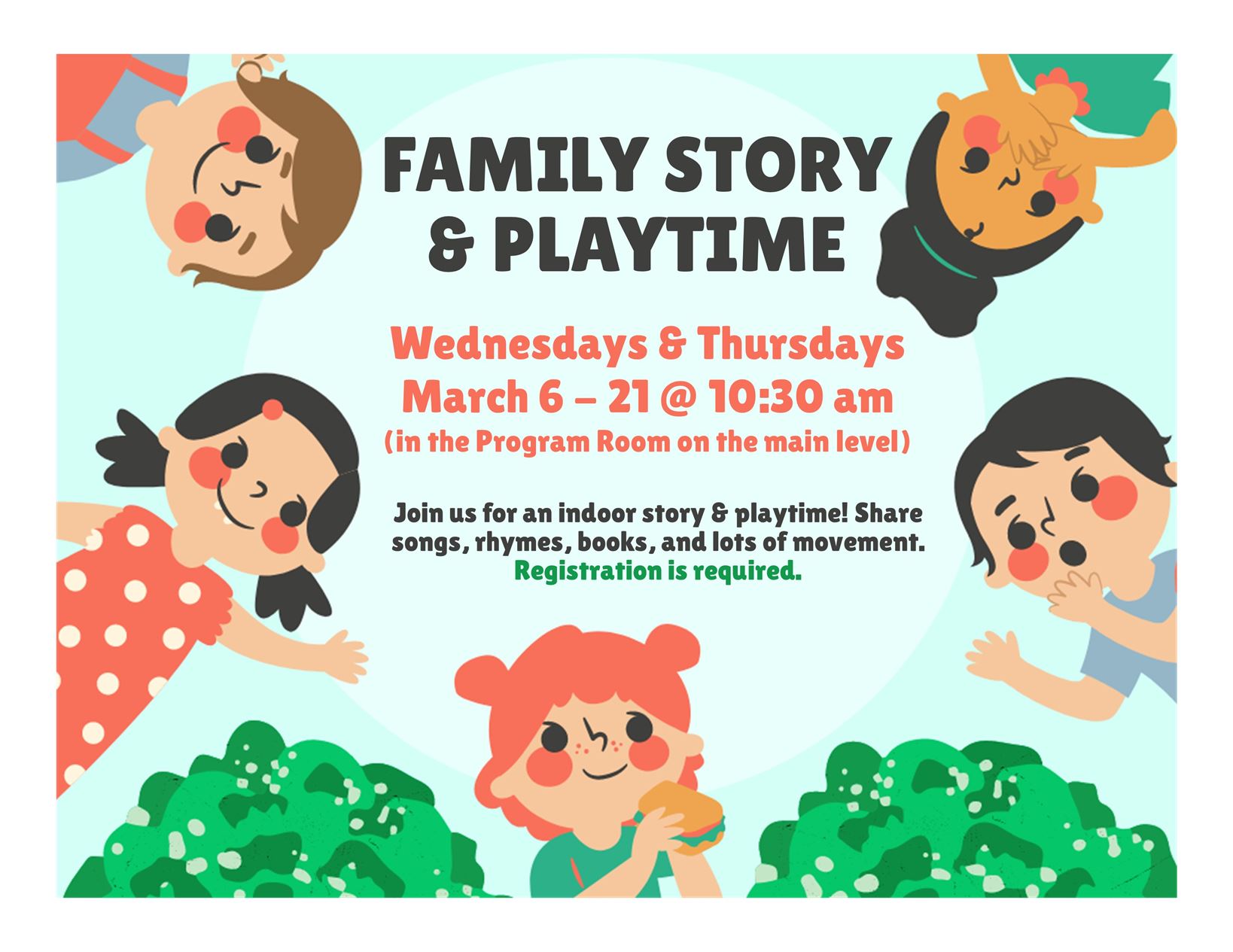 Cartoon children around text that reads Family Storytime.