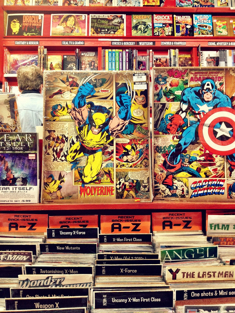 Comic shop with Wolverine and Captain America cartoon pictures