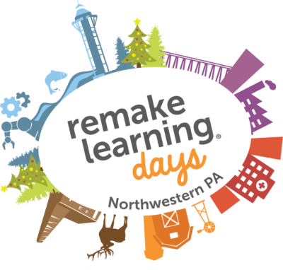 Remake Learning Days logo with a rainbow of colors of buildings, nature, STEM activities in a circle