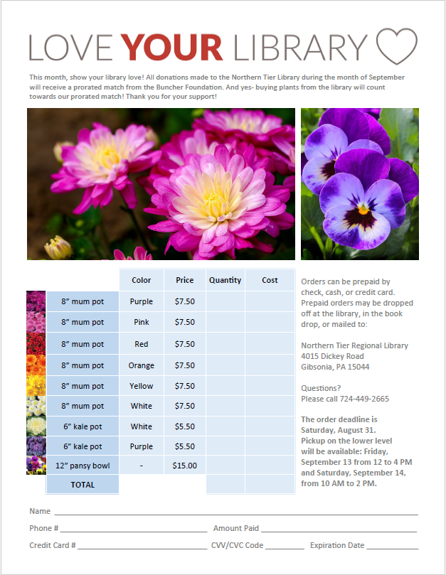 Plant Sale Order Form, Pink and yellow Mums and purple Pansies