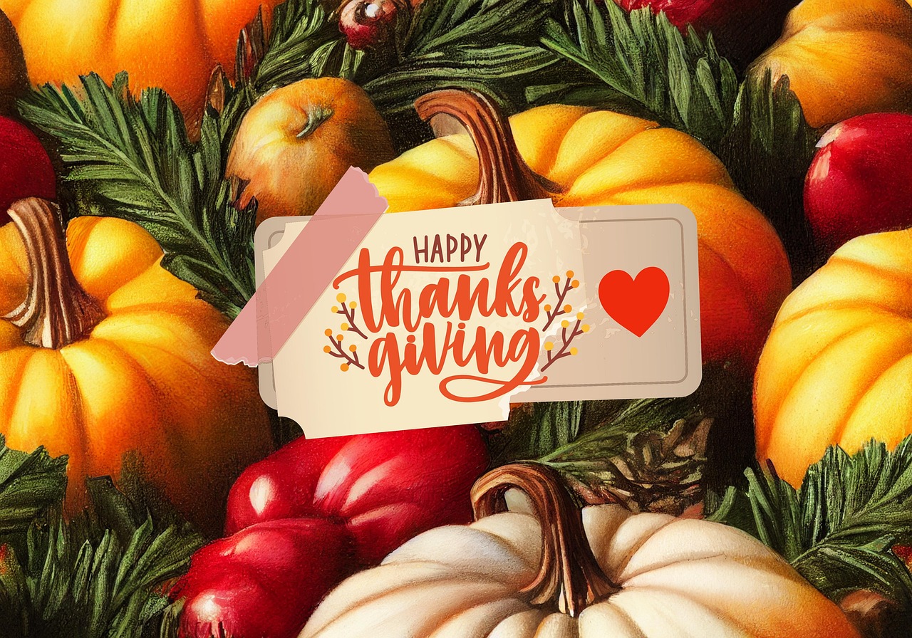 Pumpkins in the background with a sign in the center saying Happy Thanksgiving