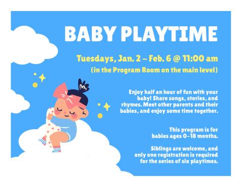 A Cartoon baby on clouds in a blue sky with text that says Baby Playtime