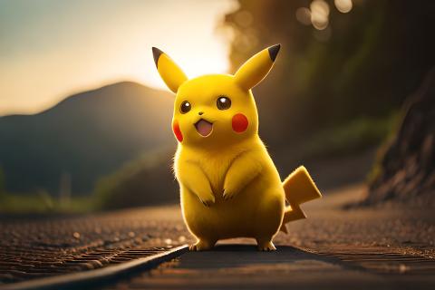 Pikachu walking outside with a sunset in the background