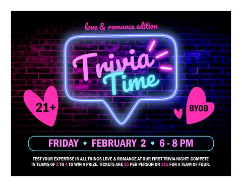Black background with neon blue light text bubble saying Trivia Time and neon pink hearts on the side