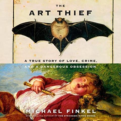 Book cover with a black bat on the top half and artwork on the bottom half