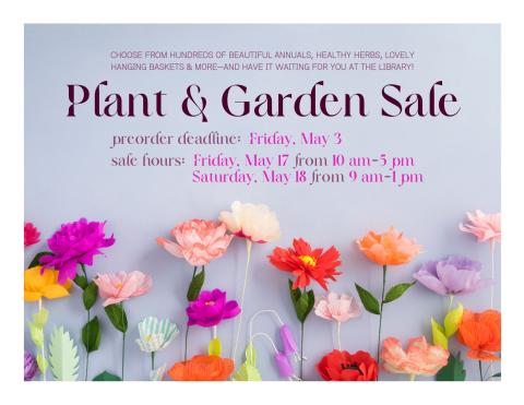 Grey/purple background with colorful flowers around the bottom with Plant & Garden Sale words in purple