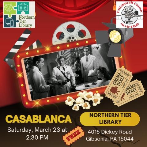 Red theater curtain with film reel, a scene from movie Casablanca in the center and the title and movie time below in text