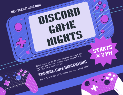 Black background with neon purple and pink nintendo switch and game controllers with title and program description