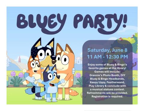 Bluey, Bingo and their Mom and Dad outside with a description of the program box next to them and Bluey Party in big letters above them in the sky
