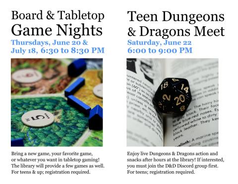 Two images of games; ones a board game and the other is a D&D die