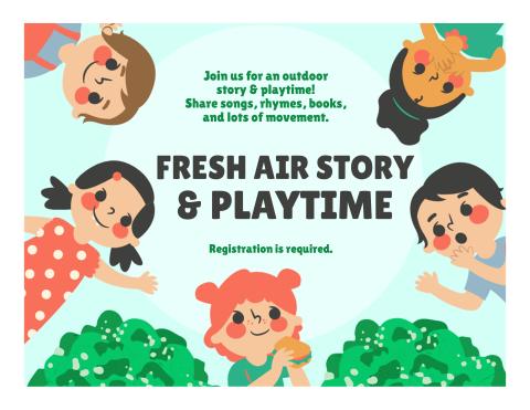 Cartoon children in a circle around text that says Fresh Air Storytime