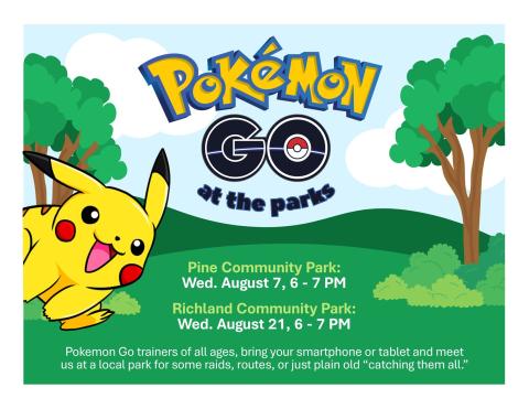 Pikachu in the park with title and information listed