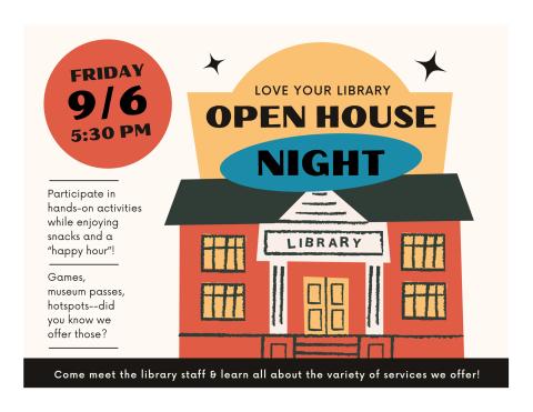 Red brick building saying Library in white and yellow and teal popping out of the top like lights saying Open House and cream colored background with description of program