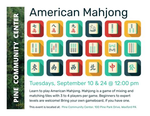 Mahjong tiles in red, yellow, green and dark green across the top and middle with words describing the program underneath