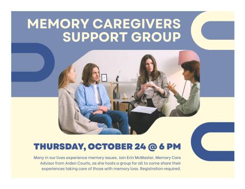 Blue and yellow background with a picture of a support group in the center