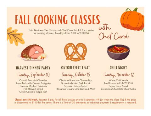 Cream colored background with three cooking classes advertised with a ham, pretzel, and chili bowl above them.