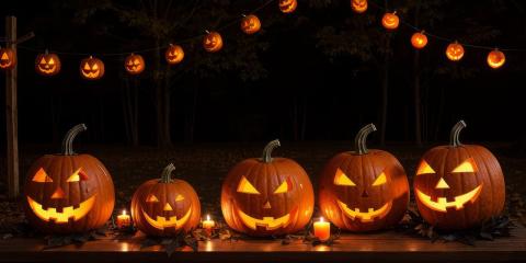 5 Jack O' Lanterns on a ledge with a hanging pumpkin garland overhead in the dark