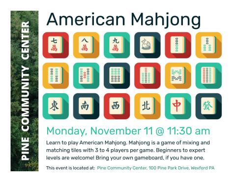 Mahjong tiles in red, yellow, green and dark green across the top and middle with words describing the program underneath