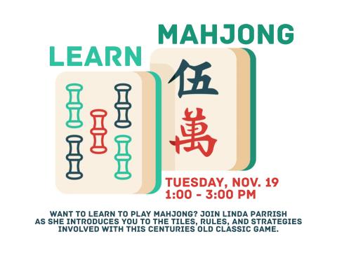 Two Mahjong tiles front and center with LEARN MAHJONG in green above them