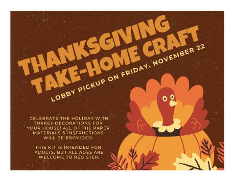 Brown background with Orange text saying program and description and a cartoon turkey popping out of a pumpkin in the bottom right corner