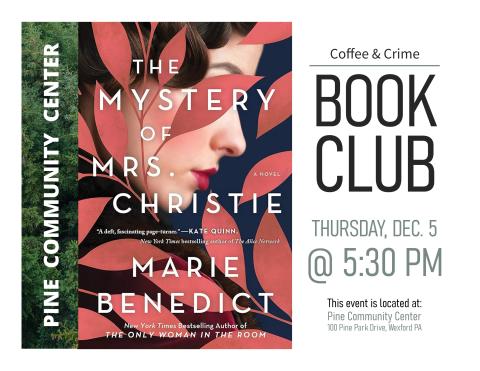 Book club flyer with book cover of red leaves and profile of Agatha Christie