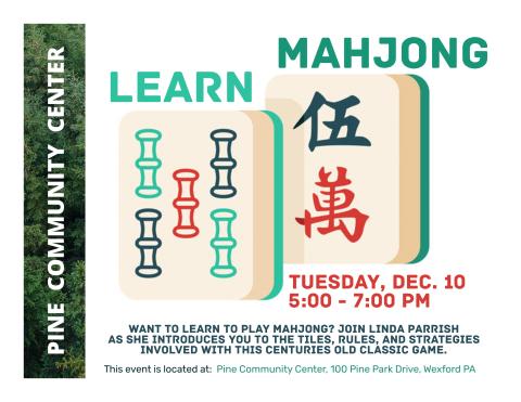 Mahjong tiles in red, yellow, green and dark green across the top and middle with words describing the program underneath