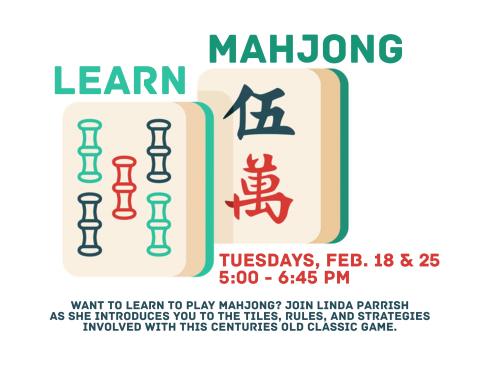 Two Mahjong tiles front and center with LEARN MAHJONG in green above them