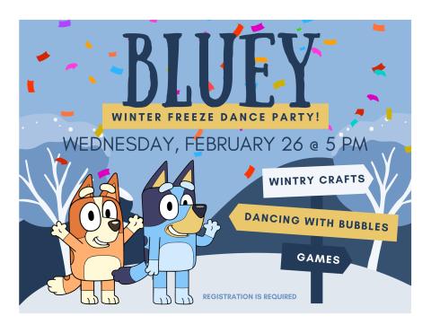 Bingo & Bluey waving with light blue, dark blue, grey winter scene background with confetti falling from the sky