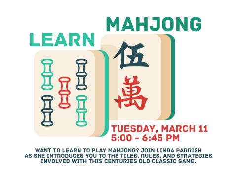 Two Mahjong tiles front and center with LEARN MAHJONG in green above them