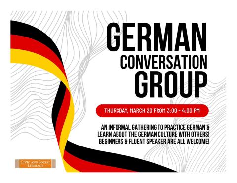 White background with the colors of the Germany flag and text in black with program info