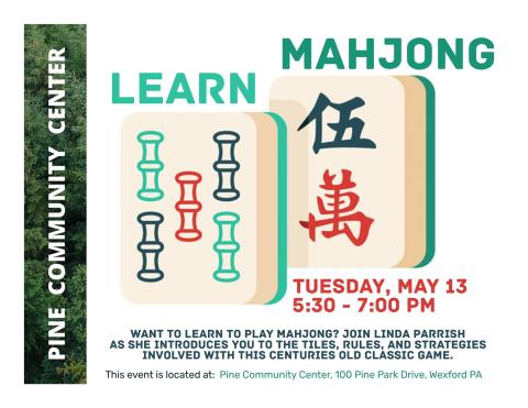Two Mahjong tiles front and center with LEARN MAHJONG in green above them