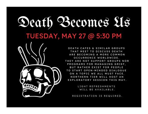 Black background with white skull outline and Shakespearean font saying title & description of program