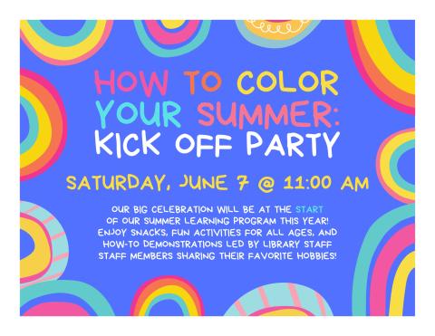 Purple background with rainbow color circles on the edges with multi-colored title and description