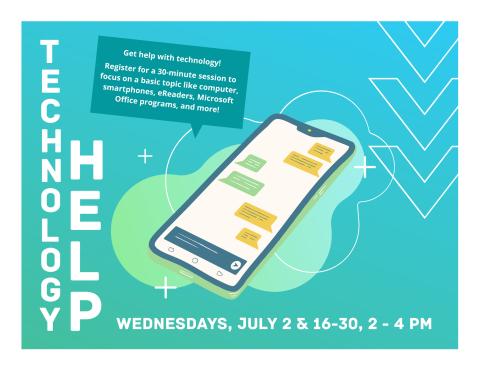 Blue to green ombre background with a phone in cartoon in the center and Tech Help down the side in white