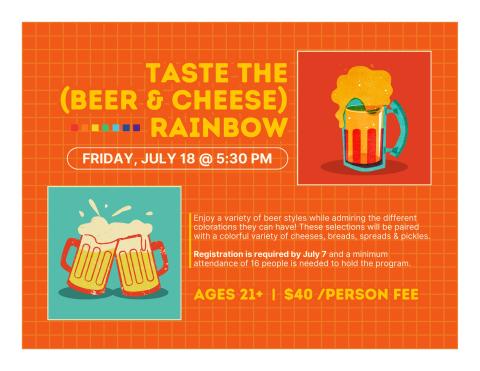 Orange background with cartoon beer pictures in the top right corner & bottom left corner