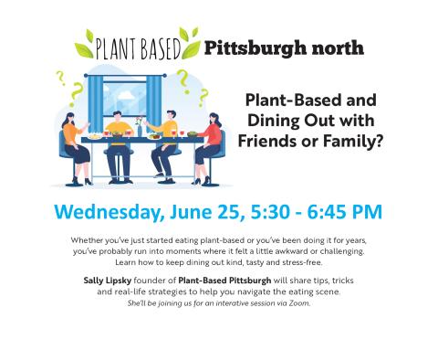 Four cartoon people sitting around a table with food and wine talking