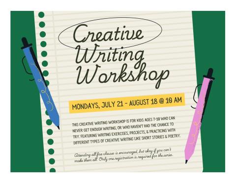 Forest green background with loose-leaf binder paper in the center saying the title & description of program