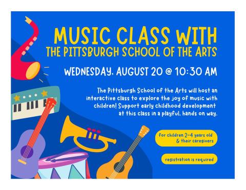 Blue background with cartoon musical instruments along the left side of the title