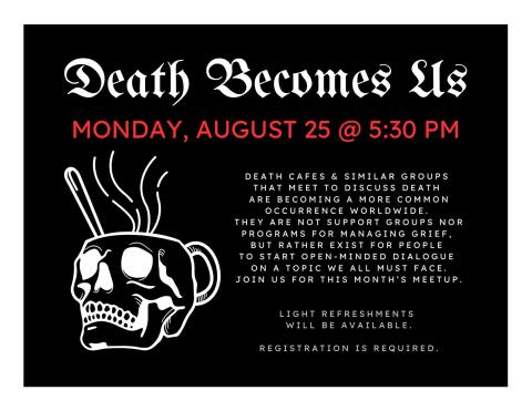 Black background with white skull outline and Shakespearean font saying title & description of program