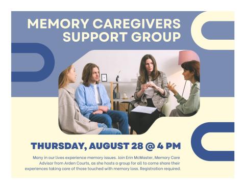 Blue and yellow background with a picture of a support group in the center