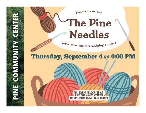 Cream colored background with a basket full of yarn and knitting needles