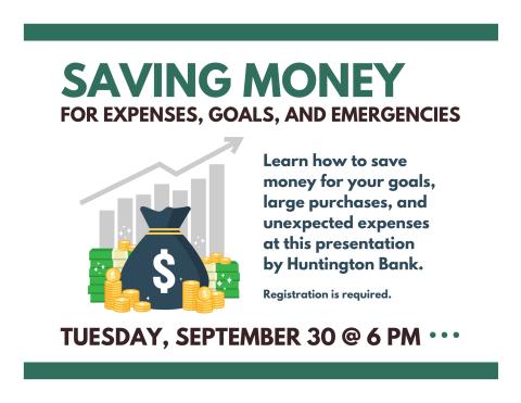 Money bag with coins around it with the title and description of the program in green