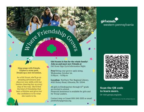 Green background with girls walking through woods