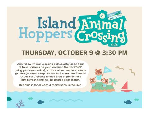 Cream colored background with Animal Crossing logo on the top right and characters on the bottom right on top of the island with the sea along the bottom