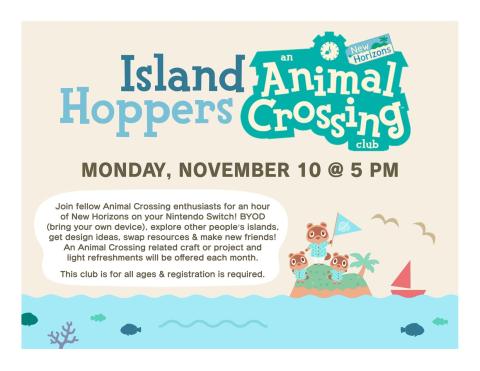 Cream colored background with Animal Crossing logo on the top right and characters on the bottom right on top of the island with the sea along the bottom