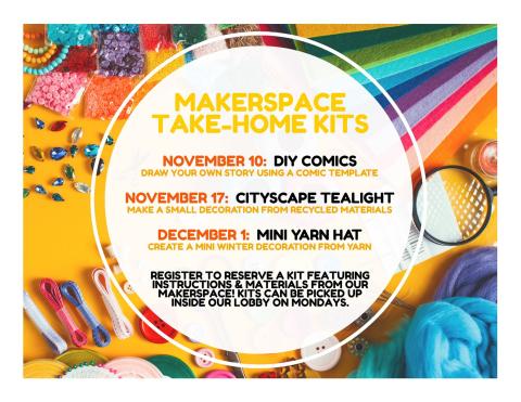 Art supplies on top of a yellow background around a white circle with title and description of program