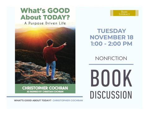 Book cover on the left side of the flyer with the program information on the right