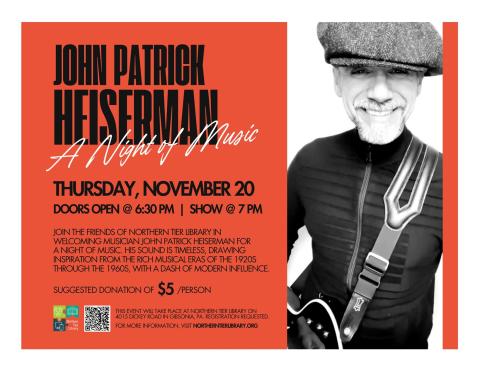 Red background with a description of program on left and a black and white photo of musician on the right