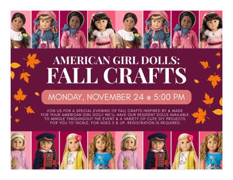 American Girl dolls at the top and bottom with magenta in the middle saying info on program